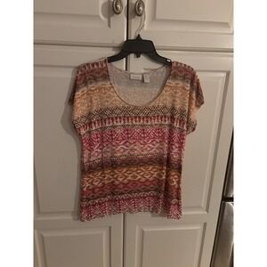 Chicos Tribal Print Short Sleeve Scoop Neck Top Women's Size 2 Orange Pink‎